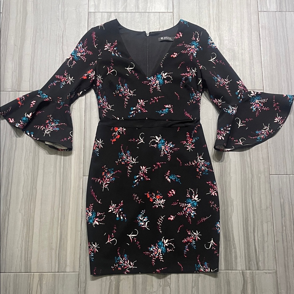 Guess Black Floral Long Sleeve Dress